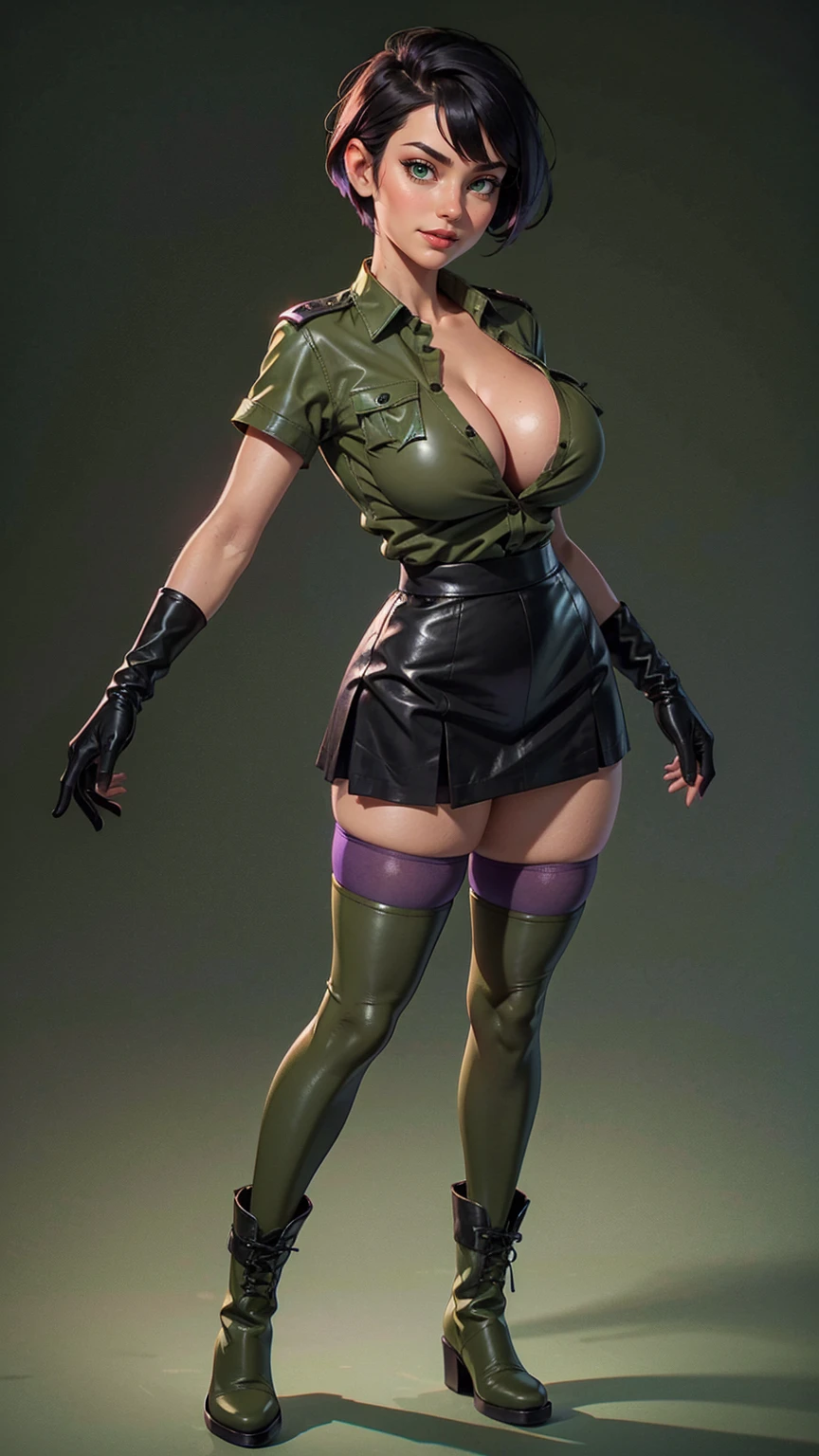 one white girl, bust, solo, full body, legs, abs, thicc body, green eyes, beautiful eyes, black hair, (pixie haircut:1.3), (big breasts, olive green leather shirt, cleavage:1.4), masterpiece, highly detailed, look at viewer, happy face, shiny blured grey background, gradient sprayed background, front view, gradient red purple background, blured background, glowing edges of image, (black skirt, stockings:1.3), (black military boots:1.3), (elbow gloves:1.2)