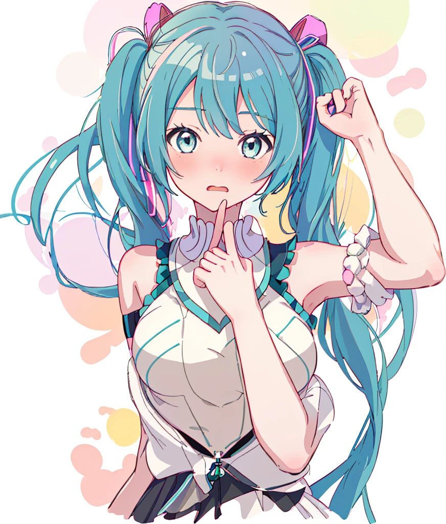 anime coloring, 1 girl, Upper body, hatsune miku, nsfw, nude, embarrassed, breast focus, from front, beautiful face, cute, white background,