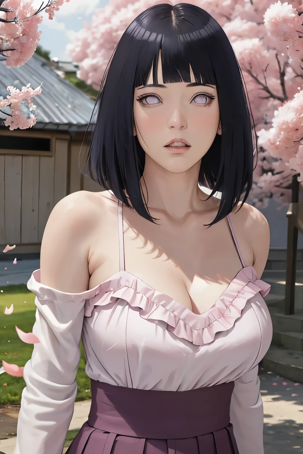 masterpiece, absurdres, hinata\(boruto\), 1girl, solo,mature female, maxi knit dress, looking at viewer, (falling petals), perfect composition, detailed lips, voluptuous, beautiful face, body propotion, blush, (pink lips), long hair, purple eyes, soft gaze, super realistic, detailed, photoshoot, realistic face and body, armpits