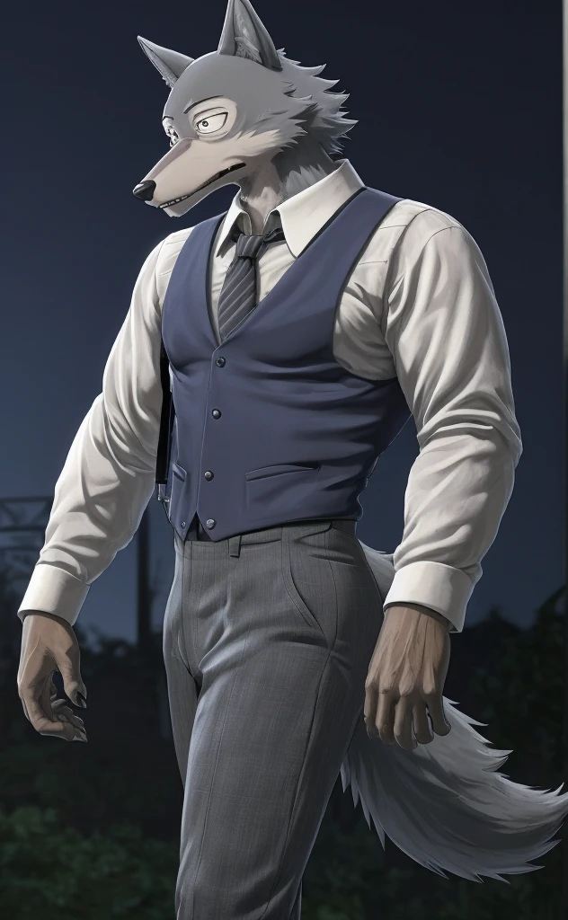 Legoshi is a tall, lean gray wolf, fur on his body is bluish gray, while his face, neck, and chest fur are a cream color, wearing a indigo vest, a dark gray tie, black suspenders, gray pants with dark gray vertical stripes, and brown loafers, anthro wolf, male, adult, muscles, grey fur, buffed body, tail, sexy, beefy body, furred body, furry chest hair, realistic, full body, photorealistic, ultra realistic, 8k, night, bare-chested, in back turned posing, sexy butt