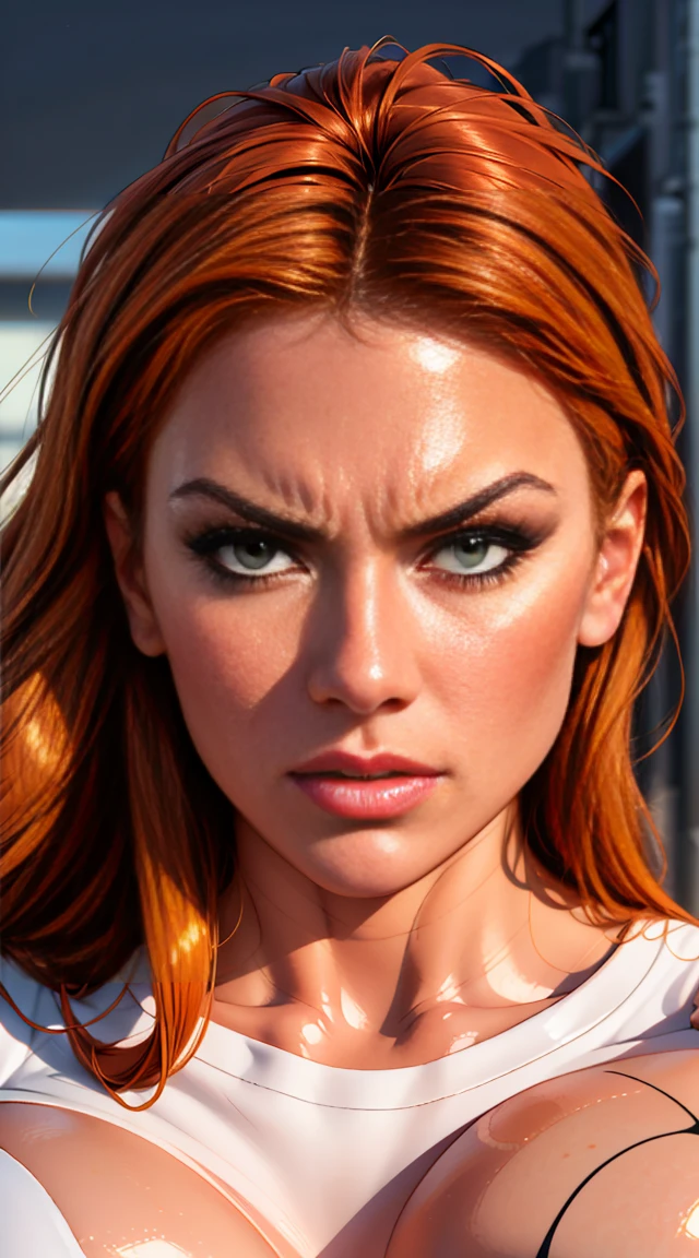 8k,masterpiece, bset quality,big, (1 girl), Kim Possible, green_eyes, orange hair, long hair, professional lighting, (shiny skin: 1.2), shiny big, ((best quality)), sharp focus: 1.2, highly detailed face and skin texture, detailed eyes, perfect face, perfect body, blur art, cg, background, Big breasts, presence (20yo, mature cool and beautiful face), wearing ((blue skirt), white taut shirt, thilush, (mittgal), random pose, top view, perfect eye, angry face