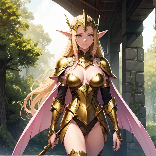  (Absurdres, master piece, best high quality image, very detailed features, very detailed textures, carefuly detailed with no deformed parts in all the artwork), solo character alone.
Elf woman milf: fair skin, golden blonde yellow long hair, light blue eyes, beautiful face, (wearing a pink full plate elvish knight armor, all the body full armed and suited in pink steel, full pink helmet with a white tail), (holding a golden broadsword), serious expression
Standing firmly holding her sword in the forest