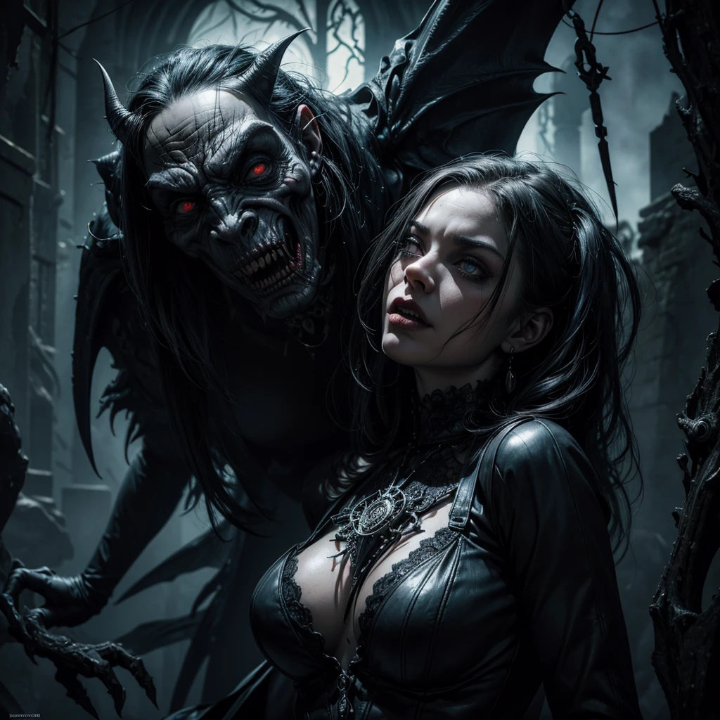 sinister mysterious gargoyle, dark vampire woman, marionette with strings, (best quality,4k,8k,highres,masterpiece:1.2),ultra-detailed,(realistic,photorealistic,photo-realistic:1.37),gothic horror style,chiaroscuro lighting,moody atmospheric,dramatic shadows,dramatic lighting,muted color palette,ominous,foreboding,supernatural,eerie,unsettling,macabre,sinister,manipulative,haunting,cinematic composition,intricate details,highly realistic,sharp focus,vivid colors,richly textured