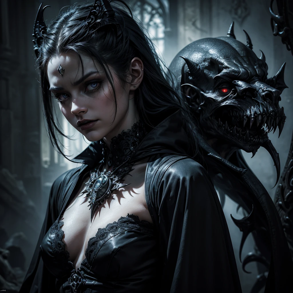 sinister mysterious gargoyle, dark vampire woman, marionette with strings, (best quality,4k,8k,highres,masterpiece:1.2),ultra-detailed,(realistic,photorealistic,photo-realistic:1.37),gothic horror style,chiaroscuro lighting,moody atmospheric,dramatic shadows,dramatic lighting,muted color palette,ominous,foreboding,supernatural,eerie,unsettling,macabre,sinister,manipulative,haunting,cinematic composition,intricate details,highly realistic,sharp focus,vivid colors,richly textured