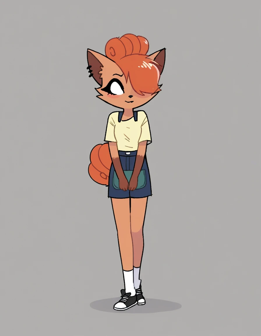 ,stkyswt, zPDXL, score_9, score_8_up, score_7_up, source_anime, BREAK sketch, flat color, 1girl, solo, black eyes, vivziepop, anthro, vulpix, female vulpix, helluva boss, full body, lineart, hair over one eye