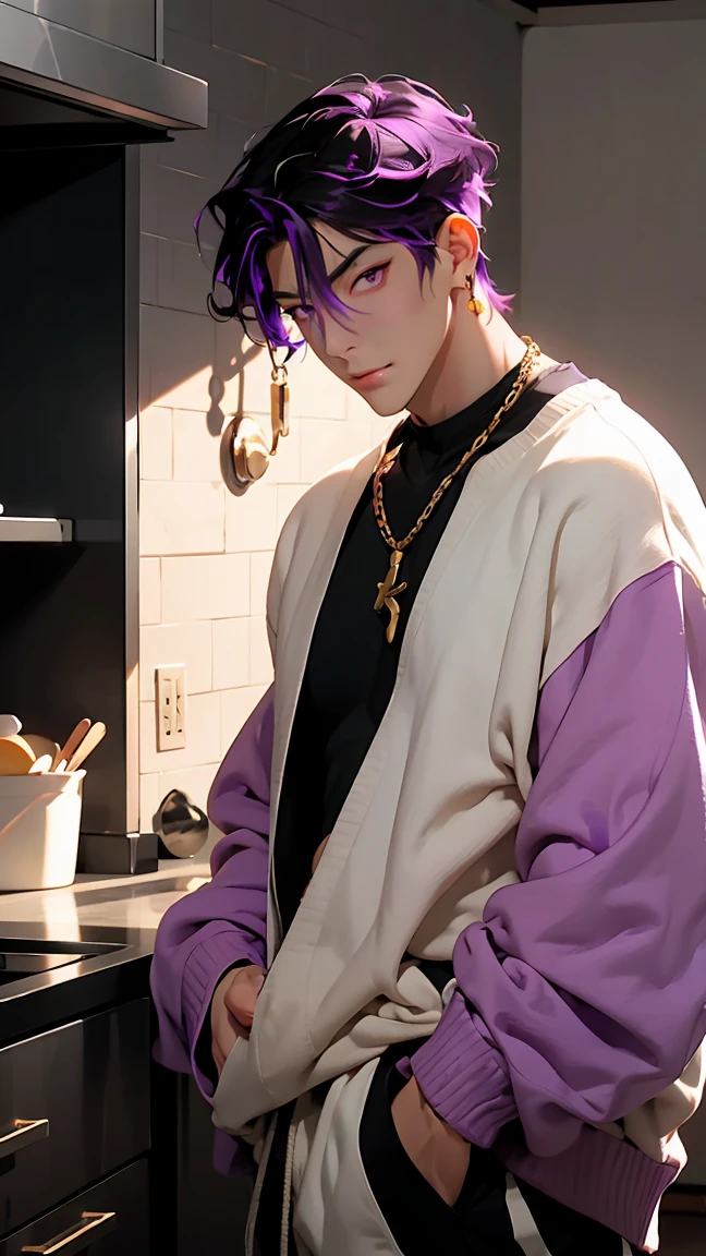 highest quality, 8K, high resolution image, anime style Jujutsu Kaisen, (Iori_suiseki), detailed strokes, bored look , blurred, purple light reflecting from it, (close angle), 1 man, young, male, model, hand in pocket, cool guy, multicolored Background with various geometric shapes, around stickers, muscular,Black hair, purple eyes, multicolored hair, purple hair, hair between eyes, highlighted hair ,swollen chest, He is wearing a white wool sweater and black sweatpants, black sweatpants and a gold link chain, sweatpants, Background: Room, Kitchen,