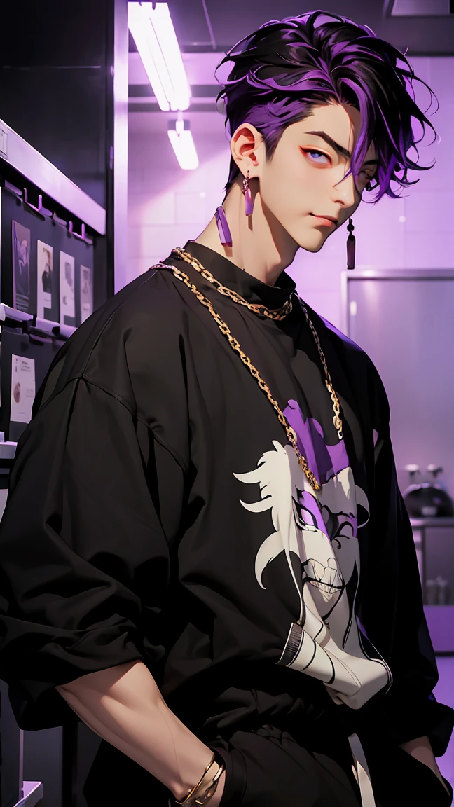 highest quality, 8K, high resolution image, anime style Jujutsu Kaisen, (Iori_suiseki), detailed strokes, bored look , blurred, purple light reflecting from it, (close angle), 1 man, young, male, model, hand in pocket, cool guy, multicolored Background with various geometric shapes, around stickers, muscular,Black hair, purple eyes, multicolored hair, purple hair, hair between eyes, highlighted hair ,swollen chest, He is wearing a white wool sweater and black sweatpants, black sweatpants and a gold link chain, sweatpants, Background: Room, Kitchen,