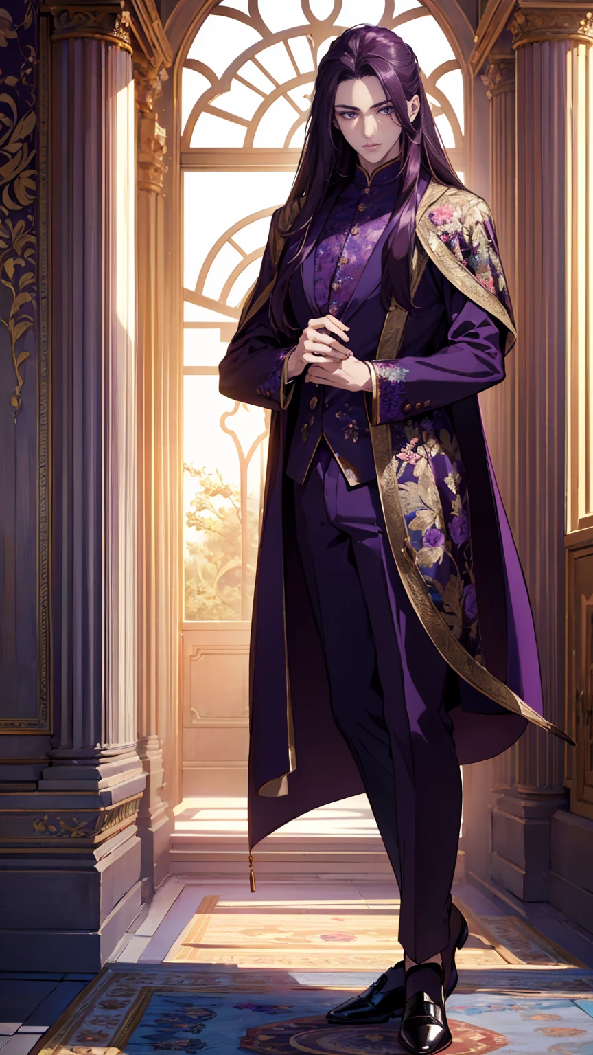 (masterpiece, Best quality, A high resolution, ultra detailed), (beautiful and aesthetically pleasing:1.2), detailed eyes and face, whole body, 1 man, adult, (dark purple long hair), (Dark purple eyes), male body, Beautiful body, Perfect body, whole body, luxury floral suit, shoes,  be a bridesmaid