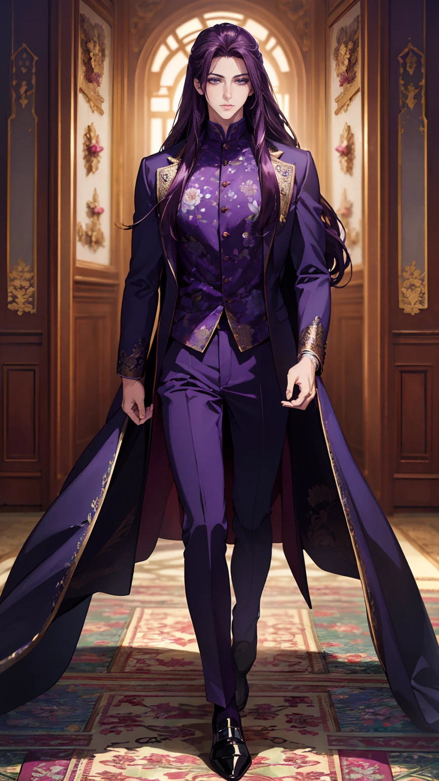 (masterpiece, Best quality, A high resolution, ultra detailed), (beautiful and aesthetically pleasing:1.2), detailed eyes and face, whole body, 1 man, adult, (dark purple long hair), (Dark purple eyes), male body, Beautiful body, Perfect body, whole body, luxury floral suit, shoes,  be a bridesmaid