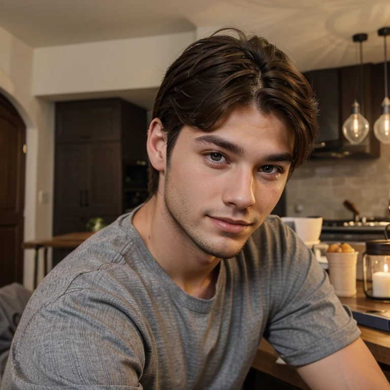 a brunette of 21 years old young European, handsome and slim man with a little beard, with a dimple chin and grey eyes