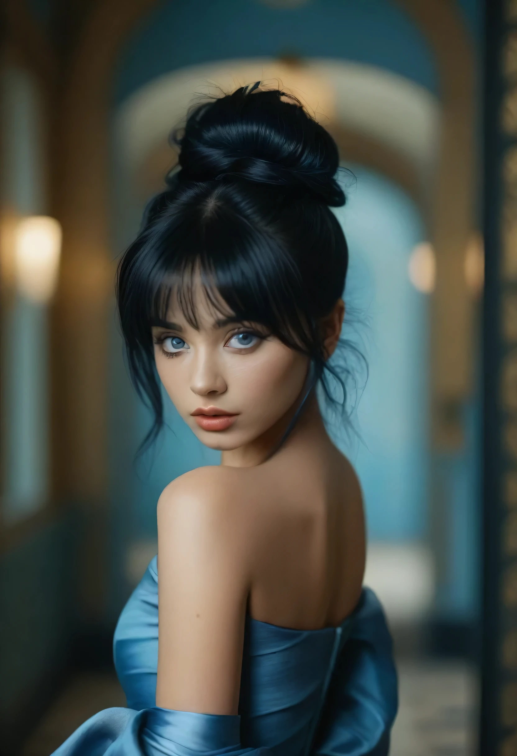 cinematic still bellissima, 1girl, solo, looking at viewer, bangs, blue eyes, black hair, parted lips, double bun, blurry, lips, dark skin, eyeliner, blurry background, messy hair, 
Elegent dress, full length.
realistic . emotional, harmonious, vignette, 4k epic detailed, shot on kodak, 35mm photo, sharp focus, high budget, cinemascope, moody, epic, gorgeous, film grain, grainy, (masterpiece), (best quality), (ultra-detailed), 