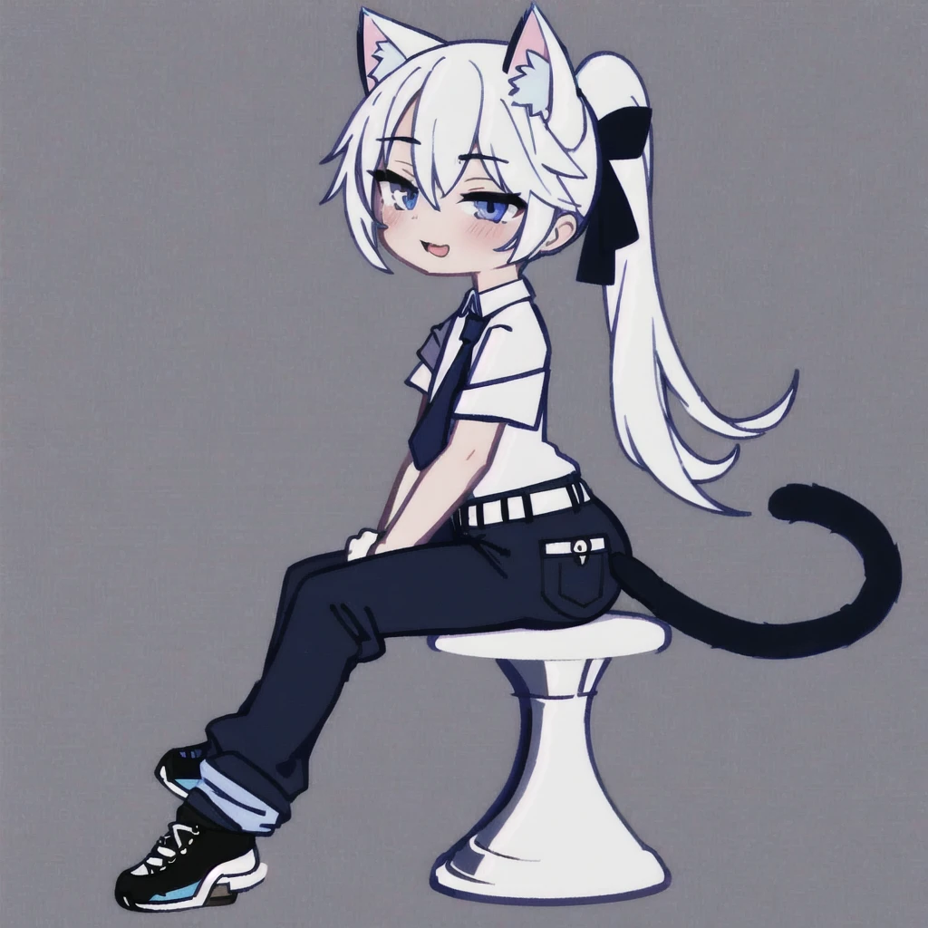 1 guy, full body, White hair, bangs cover the right eye, ponytail, shirt, tie, pants, sitting in a sexy pose, butt, cat ears, tail, ass