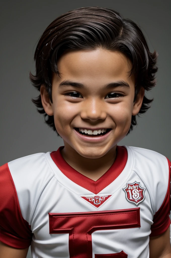 Create a Funko Pop figure of a boy with short, dark hair with a twirl in the front near the forehead, smiling with tongue slightly out. The boy is wearing a red football uniform with the number 8 on the shirt, which also says 'Cafeteria Hiroshima.' He's wearing red shorts with white stripes, red socks and white boots with red details. The background should suggest a football field with a clear blue sky and some vegetation in the distance.