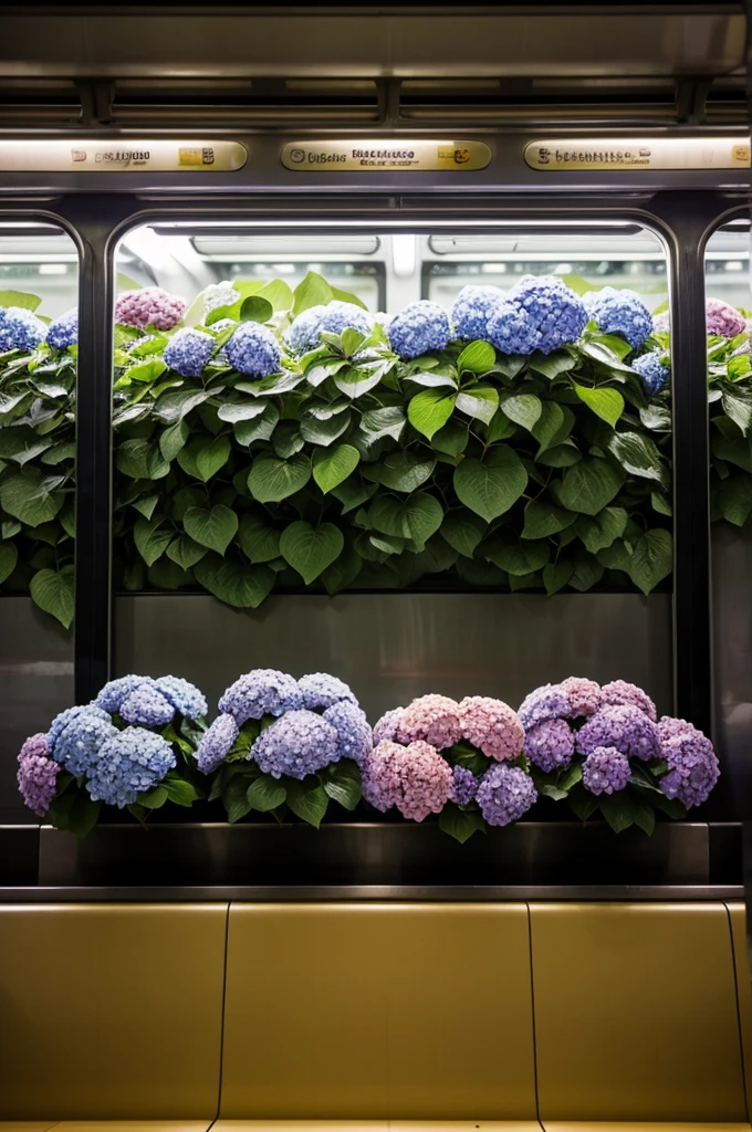 Too many hydrangeas growing in a subway car