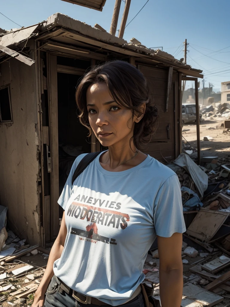 Gorgeous mother 45 years old, t-shirts, outside, post apocalypse scene, scavenger