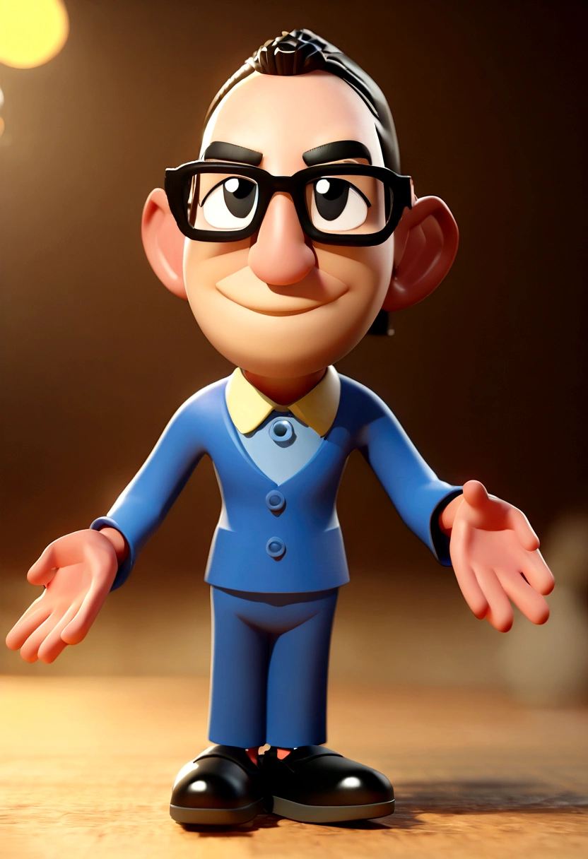 Cartoon character of a man with black glasses and blue shirt, animation character, stylized character, animation style rendering, 3D stylized, Arnold Maya rendering, Render 3D stylized, Toon render keyshot, 3D character, 3D character, Stylized 3D rendering, 3d character rendering, cartoon character, Close-up character, Character pose, (Pixar Style) (master part:1.2) (bokeh) (Best Quality) (detailed skin) (Detailed texture) (8k) (clay) (cinematic lighting) (sharp focus