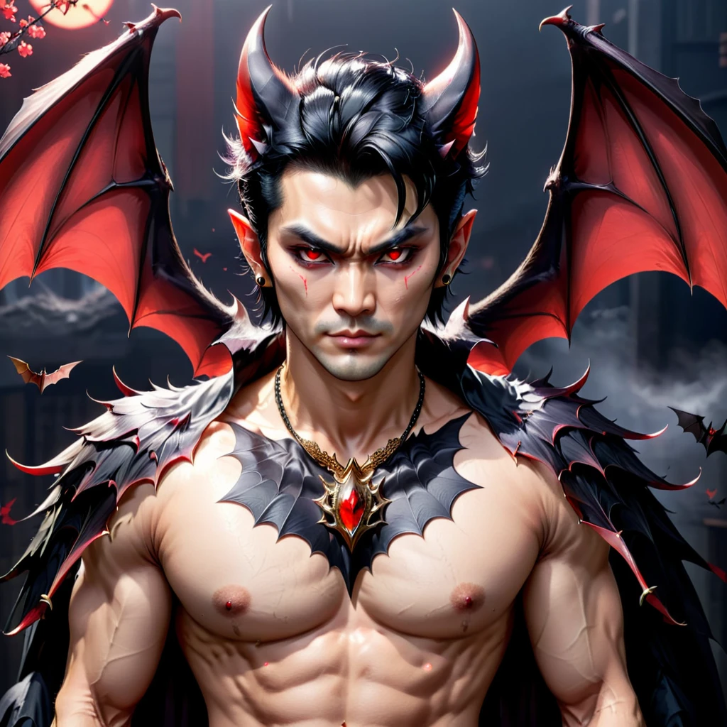 A man half HUMANOID BODY have bat ears,have bat hand,havehave red eyes and black hair,wearing earing wearing necklace,yakuza style,have bat big wings,have sharp claws 