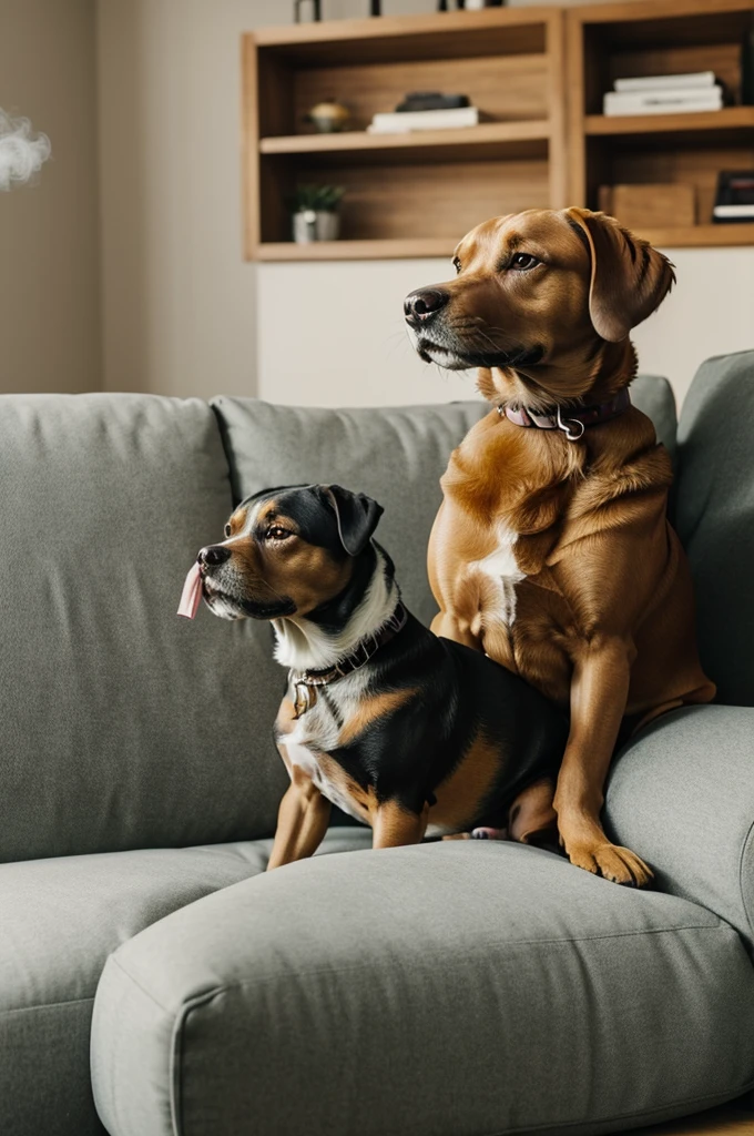 Create a picture of a dog sitting on the couch and smoking a joint