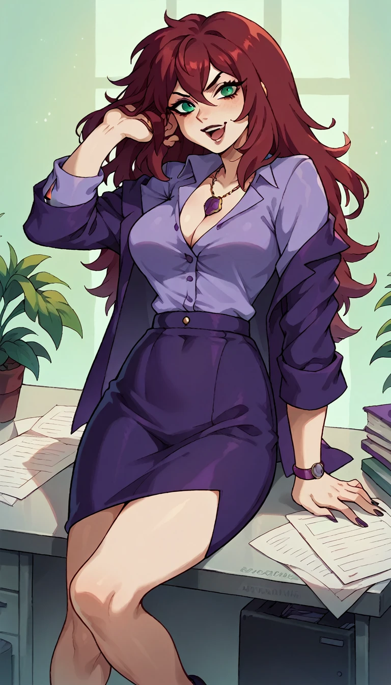 An attractive sexy hex girl with a big breast wears red hair, a tousled cut, her green eye, wears a purple button-down office coat and a long purple skirt with a black heel. 