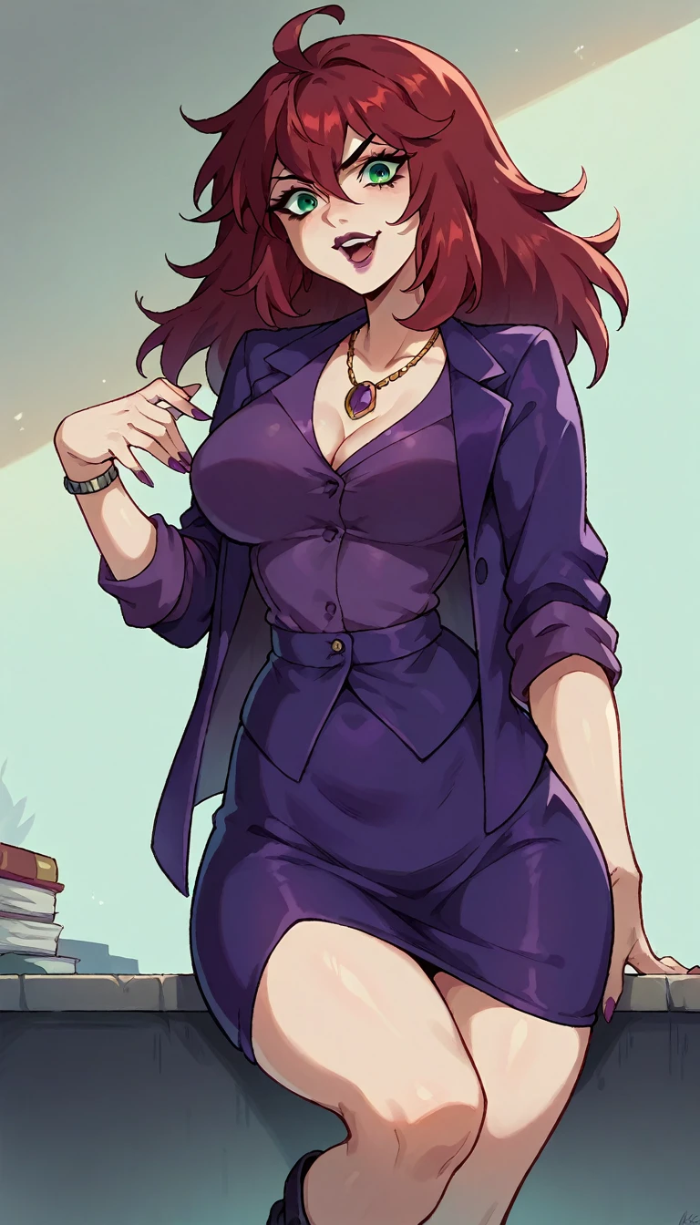 An attractive sexy hex girl with a big breast wears red hair, a tousled cut, her green eye, wears a purple button-down office coat and a long purple skirt with a black heel. 