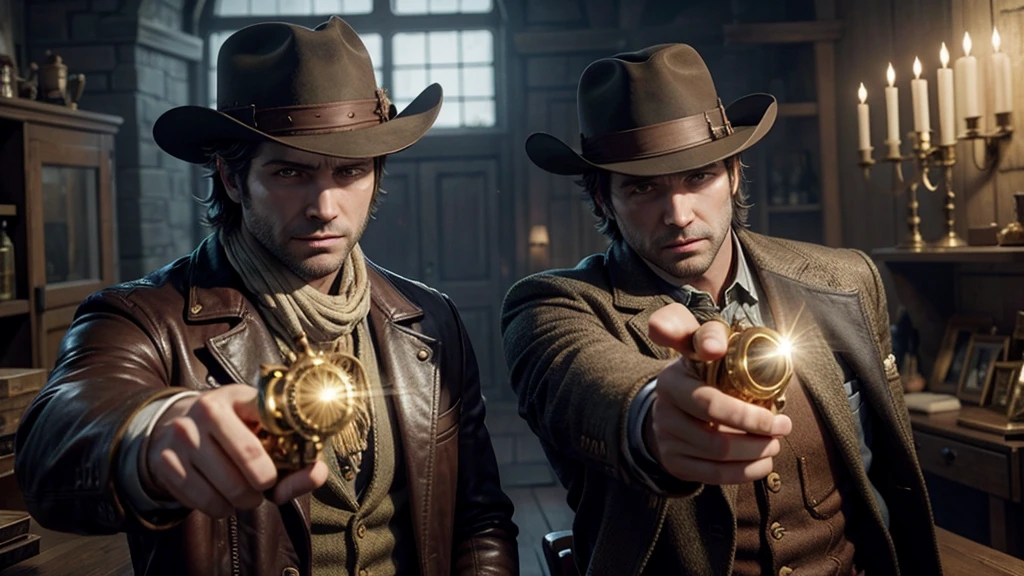 Arthur Morgan pointing a golden revolver