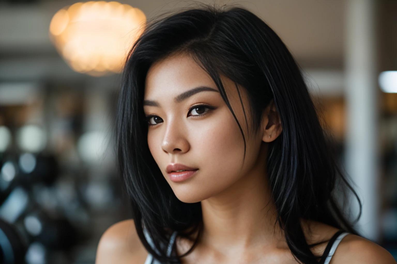 arafed woman with long black hair with deep blue high lights in a gym, flowing black hair, with black hair, photo of a beautiful woman, long flowing black hair with deep blue high lights, pink golden hour, curly black hair, beautiful young asian woman, beautiful asian woman, wild black hair, black wispy hair, light black hair, a young asian woman, an asian woman, infp young woman,  (full body: 1.4), photo of a 24-year-old french girl in RAW UHD format (Brown-eyed woman) Details (textures! , Hair! , glistering, Color!! , imperfections: 1.1), highly detailed glossy eyes (looking at the camera), DSLR Lighting, SLR camera, Ultra-Quality, sharpness, Depth of field, Film grain (Downtown), Fujifilm XT3, Crystal clear, Frame Center, beatiful face, sharp-focus, bokeh (dimly lit), day time, detailed skin pores, oilly skin, suntan, Complex eye details, 