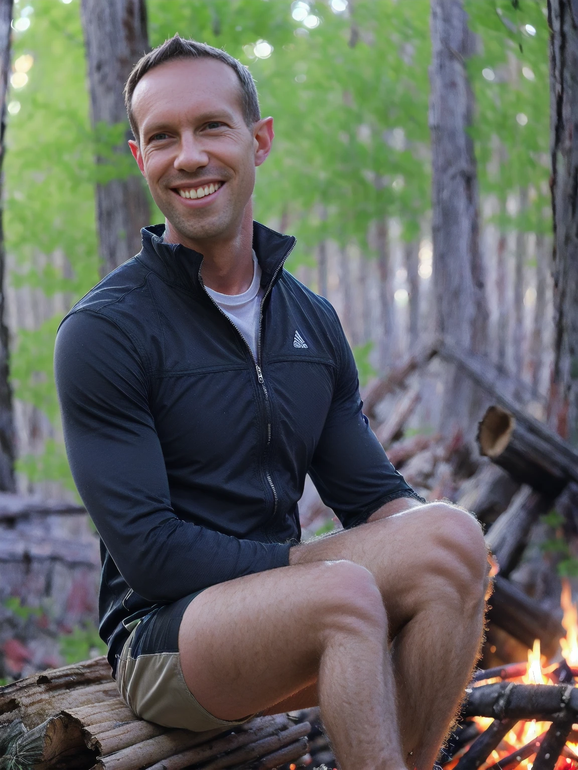 nighttime a man, Todder8, Todder1 short hair, perfect skin, RAW, UHD, 8K, looking to side, sitting on a log next to a camp fire, vacation photography, night forest, stylish jacket, photorealistic, dynamic lighting, dark lighting fireside glow, [smiling]