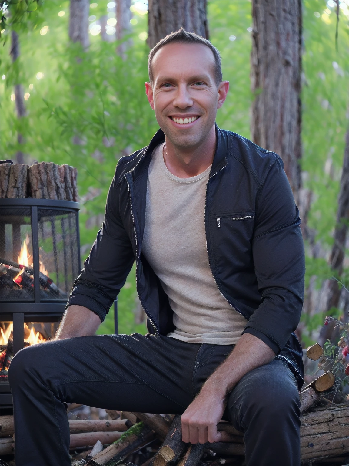 nighttime a man, Todder8, Todder1 short hair, perfect skin, RAW, UHD, 8K, looking to side, sitting on a log next to a camp fire, vacation photography, night forest, stylish jacket, photorealistic, dynamic lighting, dark lighting fireside glow, [smiling]