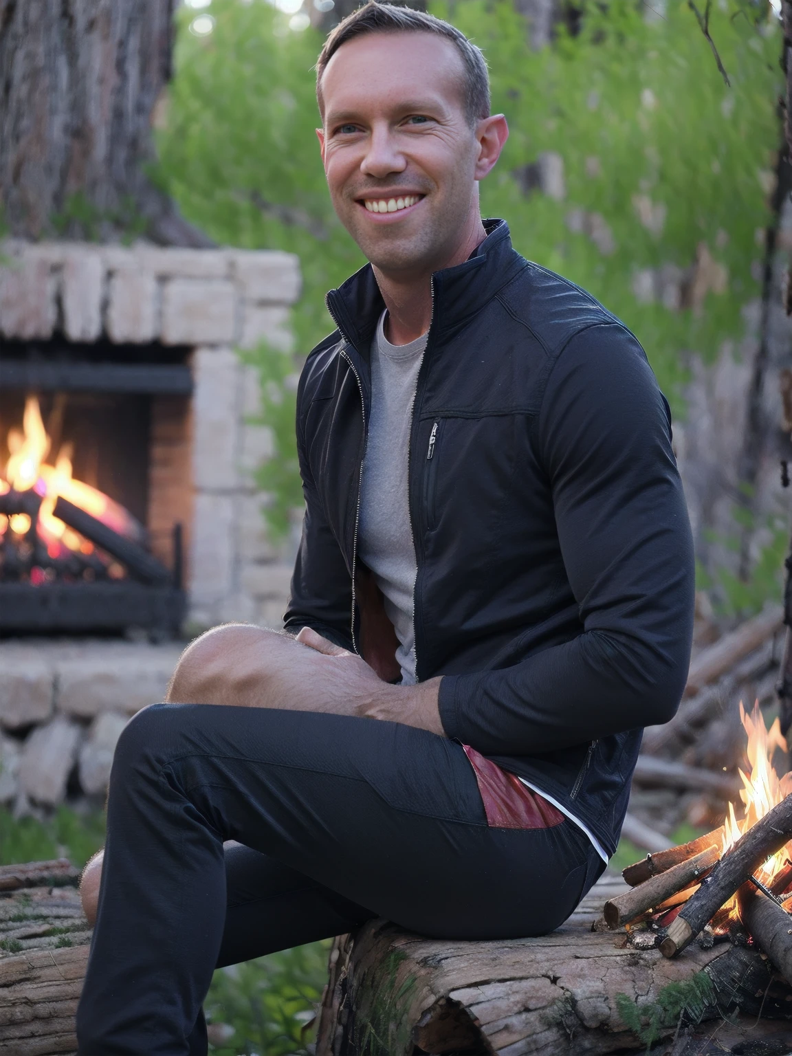 nighttime a man, Todder8, Todder1 short hair, perfect skin, RAW, UHD, 8K, looking to side, sitting on a log next to a camp fire, vacation photography, night forest, stylish jacket, photorealistic, dynamic lighting, dark lighting fireside glow, [smiling]