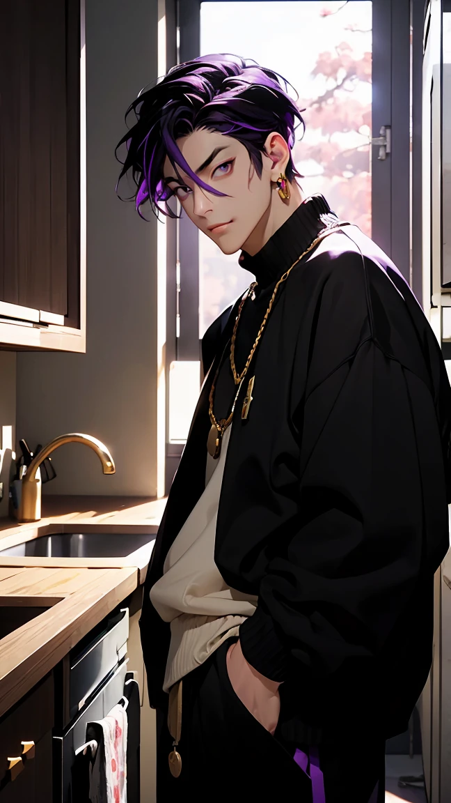 highest quality, 8K, high resolution image, anime style Jujutsu Kaisen, (Iori_suiseki), detailed strokes, bored look , blurred, purple light reflecting from it, (close angle), 1 man, young, male, model, hand in pocket, cool guy, multicolored Background with various geometric shapes, around stickers, muscular,Black hair, purple eyes, multicolored hair, purple hair, hair between eyes, highlighted hair ,swollen chest, He is wearing a white wool sweater and black sweatpants, black sweatpants and a gold link chain, sweatpants, Background: Room, Kitchen,