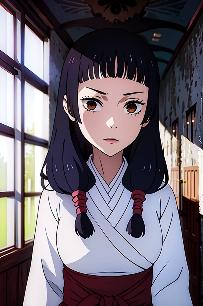 masutepiece, ((hyper detailed background, Delicate pattern, intricate detailes)), (Highly detailed, Fine details), Best Quality, Beautiful lighting, ((medium breasts, Slim Girl)), songstress, 1girl in, Solo, Black hair, Long hair, Brown eyes, komono, Twin-tailed, shrine maiden, Blunt bangs, Red Hakama, intricate detailed background, Inside, castle room environment, a medieval castle, Gray walls, window, bookshelf, (close-up, Portrait),