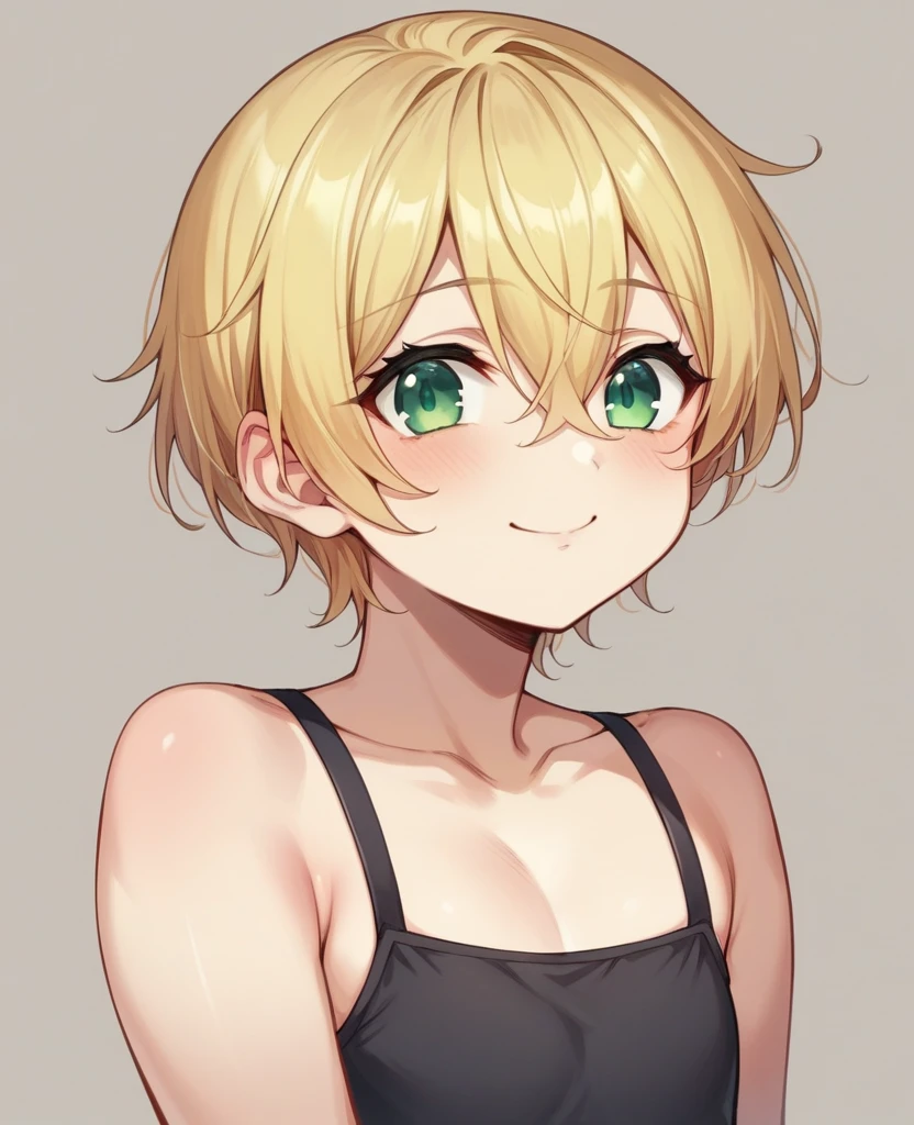 (One girl)、((short hair))、((Blonde))、(Sato Air)、((boyish))、Crossdresser、cute、((flat chest))、green eyes、plump、Black sleeveless、((hairs between eyes))、light smile