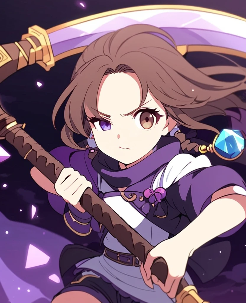 Make me a final fantasy oc. She has long brown hair that fades to white at it's tips. Her left eye is brown and her right eye is purple. She wears a purple, white and black outfit with shorts. Her weapon id a giant scythe with a purple crystal stuck into the part where the handle and the blade meet. Unimpressed and unfazed expression. In Final Fantasy VI art style.