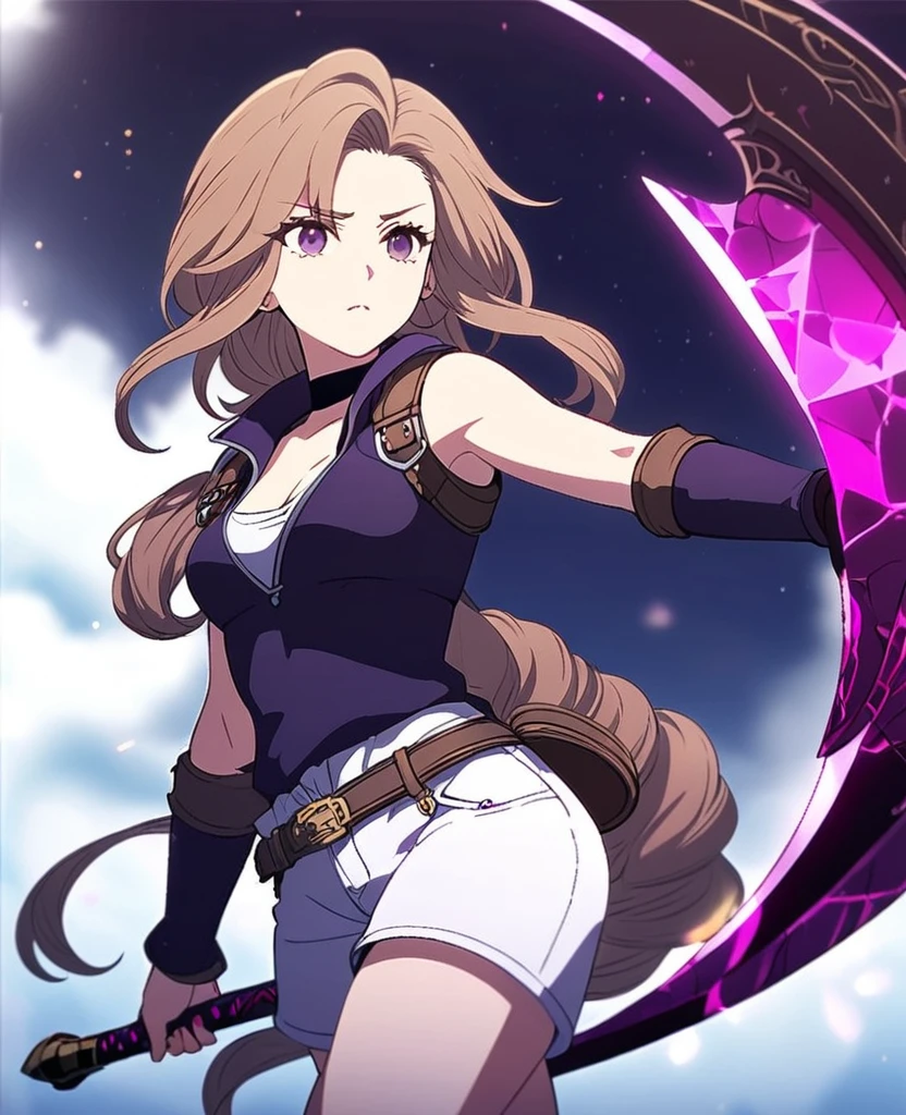 Make me a final fantasy oc. She has long brown hair that fades to white at it's tips. Her left eye is brown and her right eye is purple. She wears a purple, white and black outfit with shorts. Her weapon id a giant scythe with a purple crystal stuck into the part where the handle and the blade meet. Unimpressed and unfazed expression. In Final Fantasy VI art style.