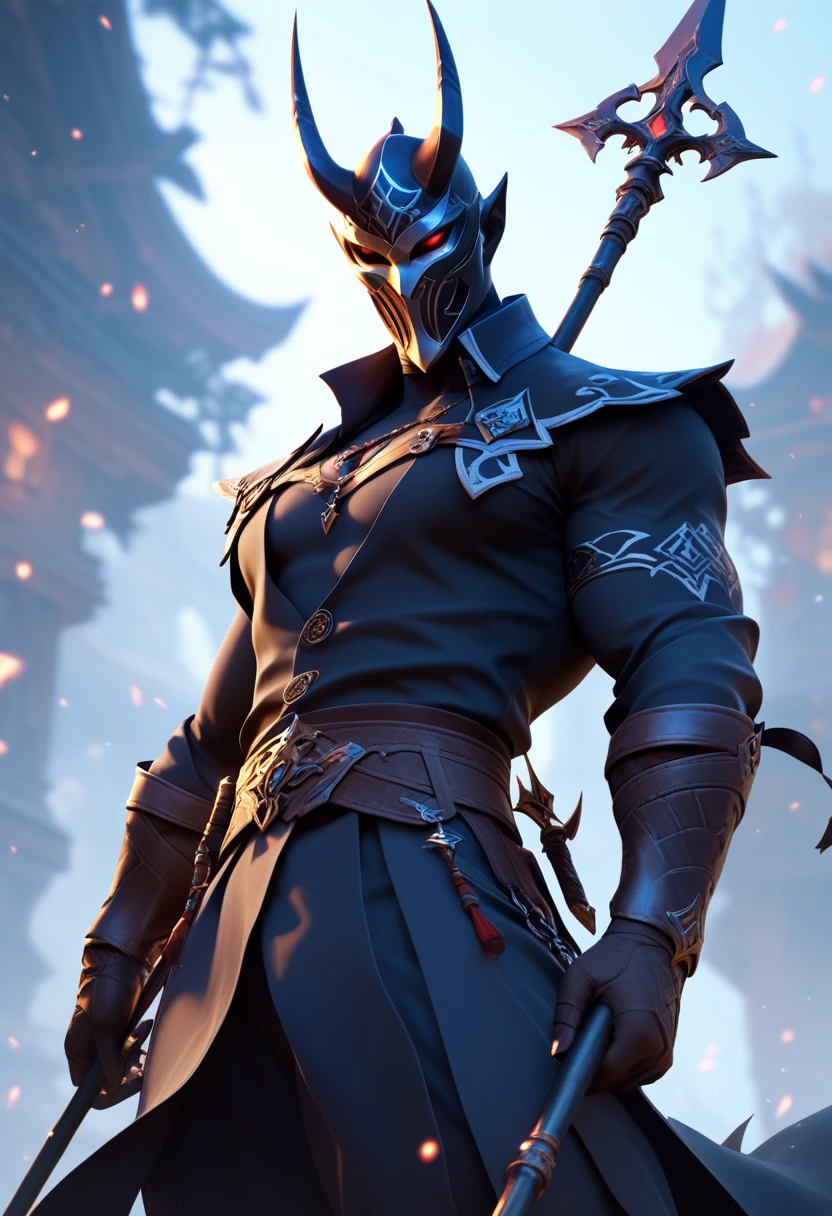 a creature that looks like a human that's wearing a mask. his weapon is spear. fantasy style
