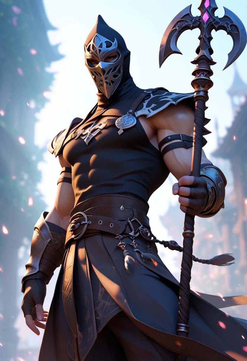 a creature that looks like a human that's wearing a mask. his weapon is spear. fantasy style