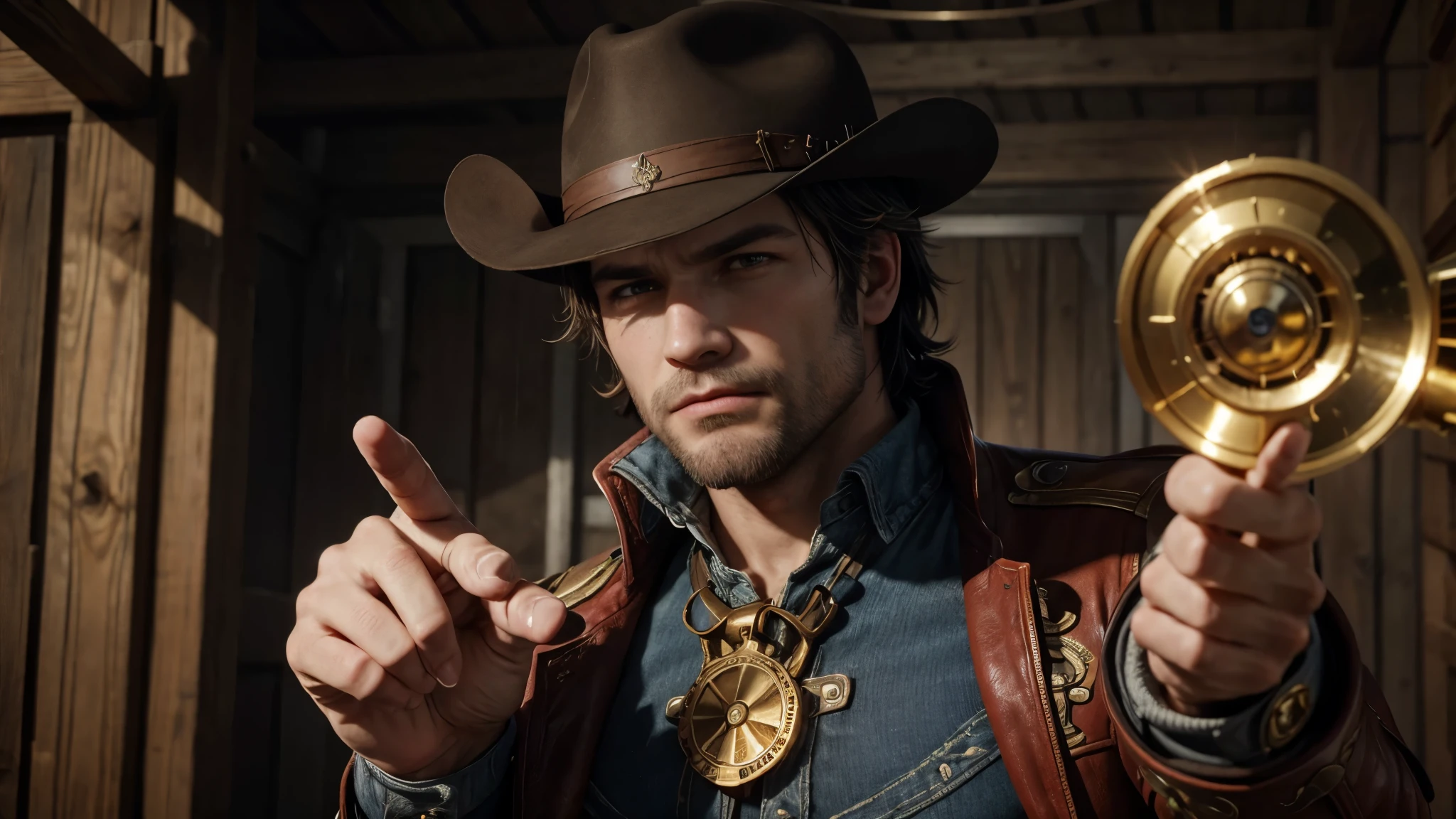 Arthur Morgan pointing a golden revolver