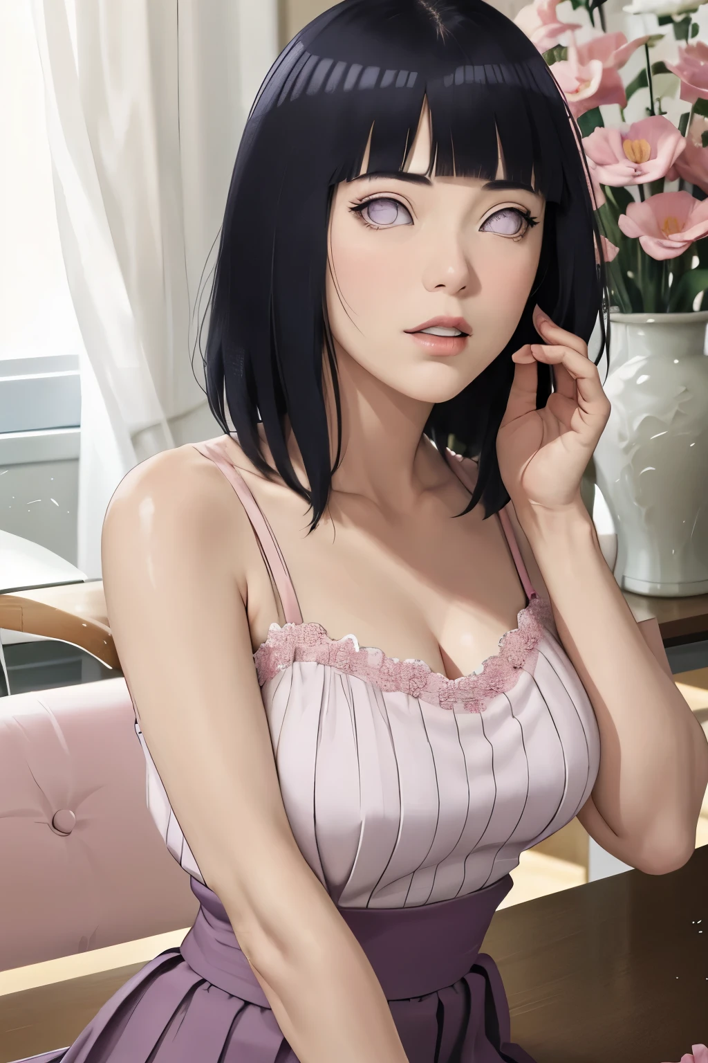 masterpiece, absurdres, hinata\(boruto\), 1girl, solo,mature female, spaghetti strap knit, high waist pleated skirt, looking at viewer, (falling petals), perfect composition, detailed lips, big breast, beautiful face, body propotion, blush, (pink lips), long hair, purple eyes, soft gaze, super realistic, detailed, photoshoot, realistic face and body,