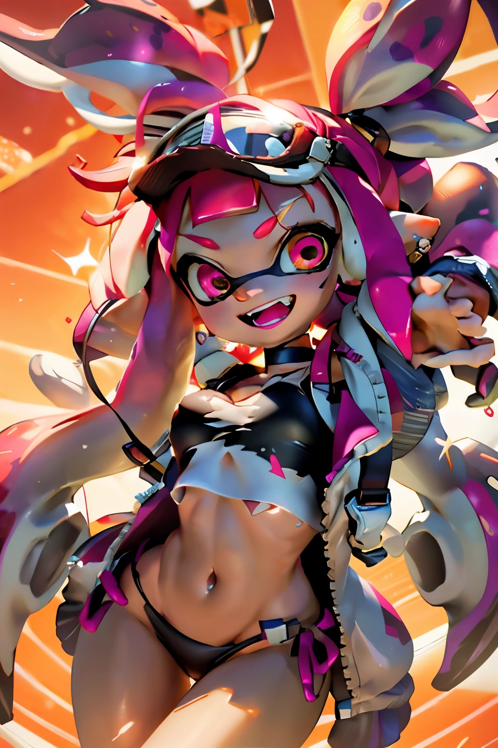 -Zoe\(Palworld\), One Splatoon girl, alone, Jacket, 赤い Jacket, Twin tails, Multicolored Splatoon Tentacle Hair, Open Mouth Smile, jewelry, Have, View your viewers, Beautiful Face、A slightly thinner face、Detailed Description、necklace, Golden glowing eyes, Crop top, Long Hair, whole body, choker, Red sun visor, chest, open Jacket, Virtual YouTuber, Open front clothing, Pink Hair, black choker,  bikini、Part your lips, gigantic breast、chestの谷間, bangs、Raise your arms、Sexy dynamic pose、Spread your legasterpiece、Highest quality、High resolution、Real Anime、3d、