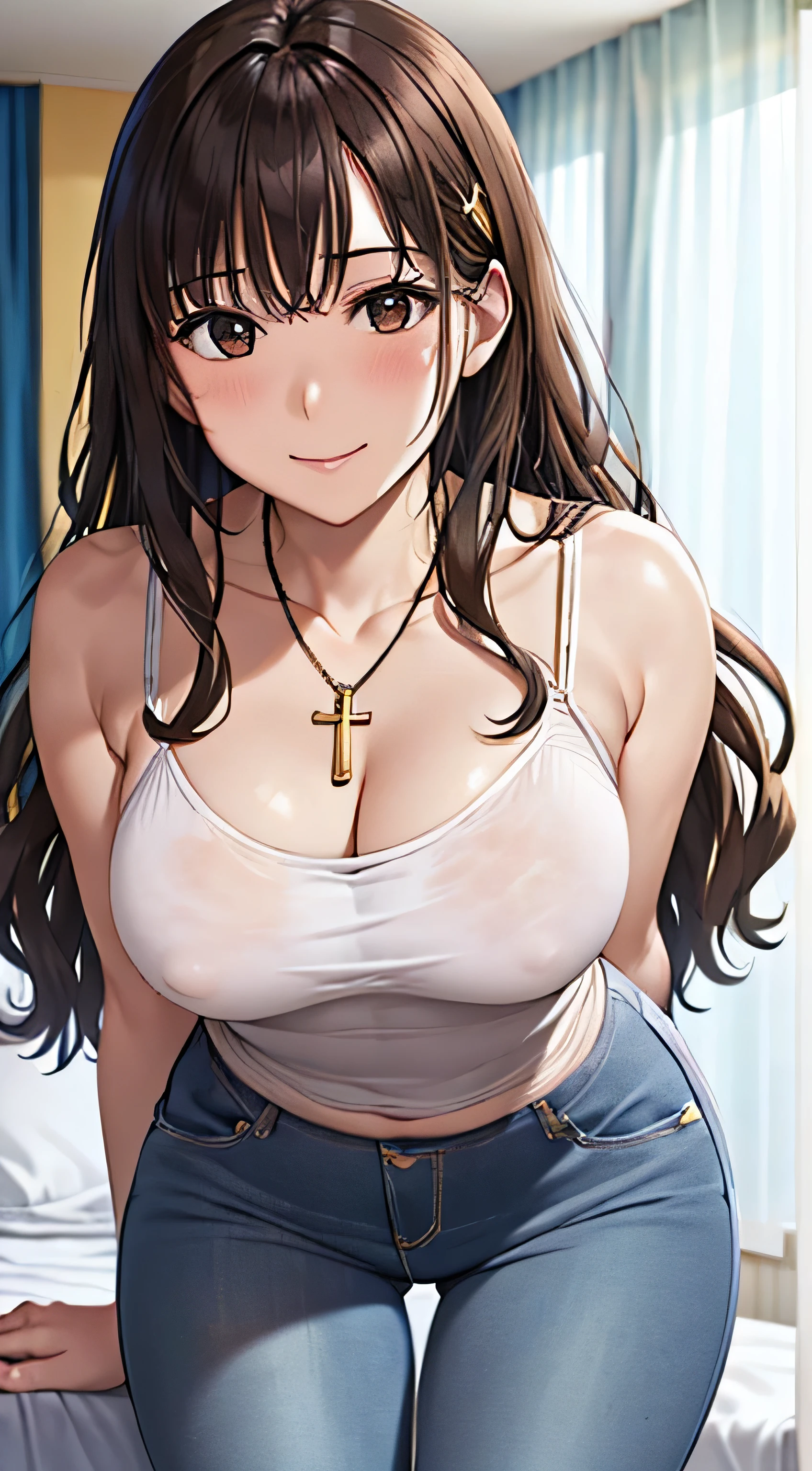 ((Tabletop, Highest quality, High resolution, , Pixel Perfect, 4K,))), 1 female, 、The whole body is visible、 ((Long Wavy Hair, bangs, Brown Hair)), ((Brown eyes, Beautiful eyelashes, Realistic eyes)), ((Detailed face, Blushing:1.2)), ((Smooth texture:0.75, Realistic texture:0.65, Realistic:1.1, Anime CG Style)), Medium sized breasts, Dynamic Angle, Perfect body, (( , , White camisole、No bra、、 Tight jeans pants、、)), Gold Hair Ornament、Cross Necklace、、Very embarrassing panic smile, 、、、、、、Nipples are slightly visible、Cover your chest with your arms、、Leaning forward、Stick your butt out、Hotel Bedroom、In the middle of changing、、、、、 、)、