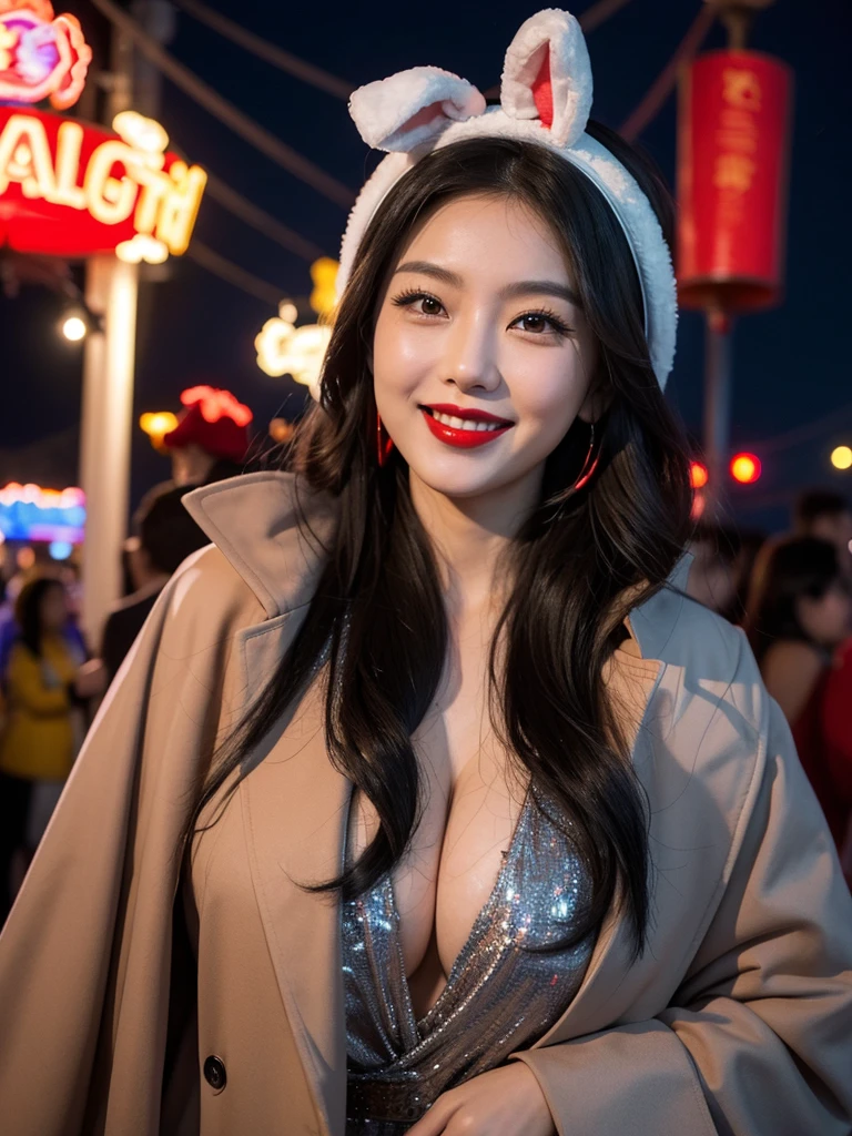 A There Is A Beautiful Asian Woman, Red Lips, Thick Long Hair, dark grey long coat, bunny ear headband, Big Breast, smile, in the middle carnival, night, hanging lights. Surround carnival visitors