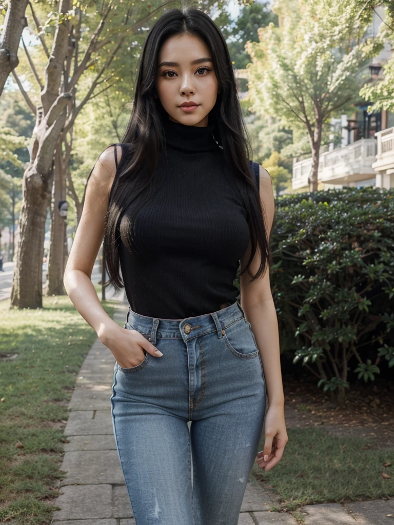 (masterpiece Best quality) beautiful woman, sleeveless turtleneck shirt with cropped waist detail. Long jeans Korean style woman with long black hair, beautiful figure, perfect face, beautiful face, charming, big eyes, happy (outdoors), walkway in the park. bright gentle light color