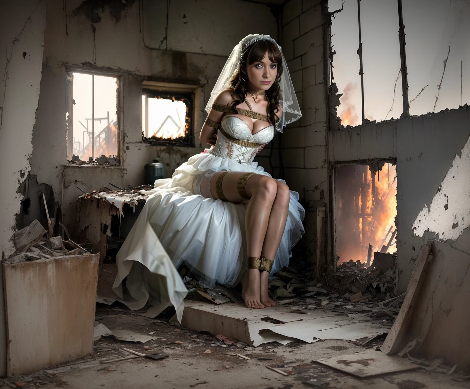 in an old abandoned derelict destroyed building on fire, fire everywhere, smoke everywhere