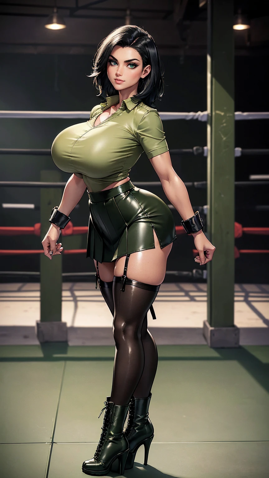 (masterpiece, best quality:1.4), (8K), busty muscular raven-haired beauty, (((18 years old, college kickboxer))), detailed green eyes, long eyelashes, blush, evil smile, upper body, covered large breasts, ((olive green leather shirt, buttoned up)), ((olive green pleated leather skirt)), ((nylon stockings:1.3)), ((short stiletto-heeled combat boots:1.3)), (from side), (looking at viewer), (full body portrait), beautiful jet-black hair, tan-skinned, short straight hair, (huge breasts:1.3), (firm round breasts), (breasts jutting out from chest unnaturally), (abandoned factory boxing ring, beautiful), th3p1t,