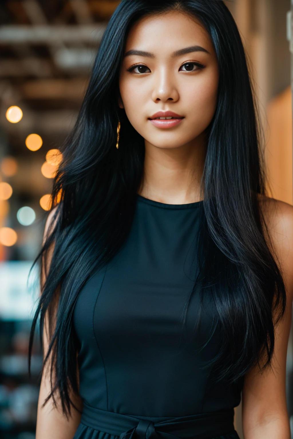 arafed woman with long black hair with deep blue high lights in a gym, flowing black hair, with black hair, photo of a beautiful woman, long flowing black hair with deep blue high lights, pink golden hour, curly black hair, beautiful young asian woman, beautiful asian woman, wild black hair, black wispy hair, light black hair, a young asian woman, an asian woman, infp young woman,  (full body: 1.4), photo of a 24-year-old french girl in RAW UHD format (Brown-eyed woman) Details (textures! , Hair! , glistering, Color!! , imperfections: 1.1), highly detailed glossy eyes (looking at the camera), DSLR Lighting, SLR camera, Ultra-Quality, sharpness, Depth of field, Film grain (Downtown), Fujifilm XT3, Crystal clear, Frame Center, beatiful face, sharp-focus, bokeh (dimly lit), day time, detailed skin pores, oilly skin, suntan, Complex eye details, 