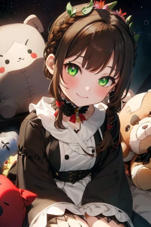 ((Brown hair)),((Braided shorthair)),((With black eyes)),Slight red tide,(gothic  style costume:1.25),(Head dress:1.2),((Scattered with lily flowers and stuffed animals)),(The entire space turns white, Black, Green, and yellow.),(Big eyes:1.5),(your eyes are shining like stars:1.2),(Cute way to sit),(sitting like a french doll),(Tilt of the neck:1.25),(elaborate structure),(smiling slightly),gura