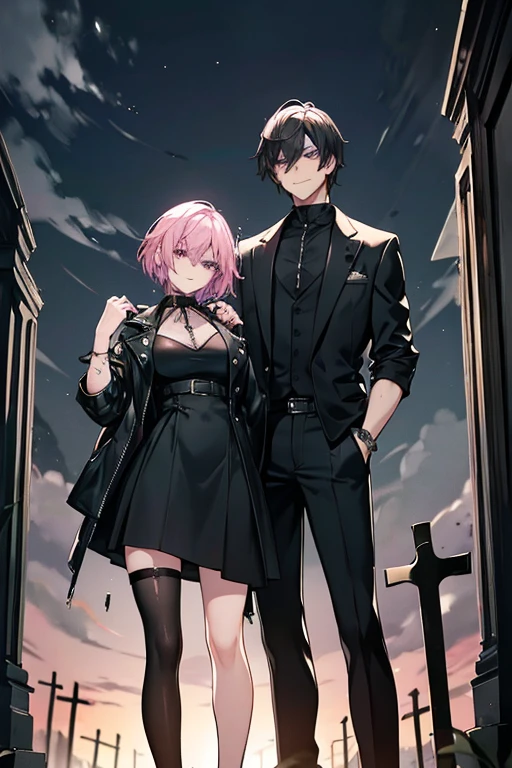 Two people,perfect face, perfect hands A gothic handsome black haired man with green eyes in a short sleeve shirt and cargo pants and a loose giant jacket is fighting with  a pink haired female reaper with violet eyes and an hourglass figure in a leather dress in the cemetery at night with big smiles.
