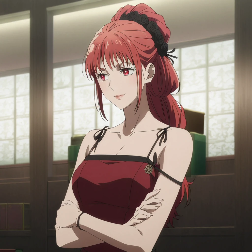 1girl, female gojo satoru, anime screencap from jujutsu kaisen, gojo satoru female version, solo, Medium_hair, red eyes ((red_hair)), night view, breasts, upper_body, smile, indoors, book, bangs, red_eyes, lips, ((her hairstyle : The character in the image has elegant hairstyle )) wearing an elegant red dress with thin straps, breast, "very detailed and high resolution" (red eyes) ((cross arms)) ((long hair)) ((solo))