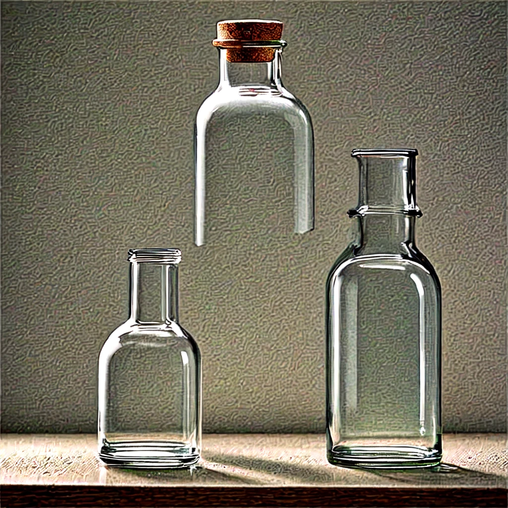 a drawing of light passing through a glass bottle on a table, casting on background