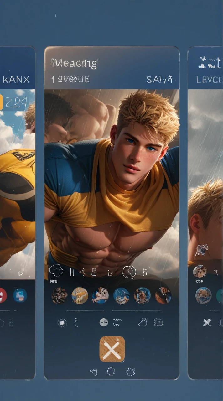 8k,score_9,score_8_up,score_7_up, yaoi, 1boys,gay, detailed, very short hair, blonde hair, freckles, blue eyes, freckles, freckles on body, muscle wide shoulders, muscle pecs, abs, vascular biceps and triceps,flanel shirt, cute, blondlust, boyish face, cute face,above perspective, looking at viewer, rain, cloudy sky, rain street